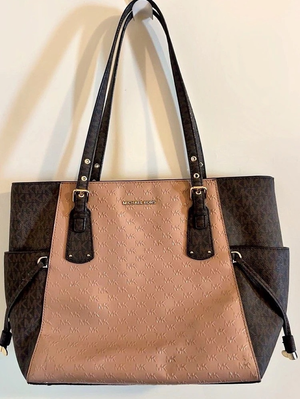 Michael Kors Marlowe Medium Signature Logo Pocket Tote Bag Brown & Pink
